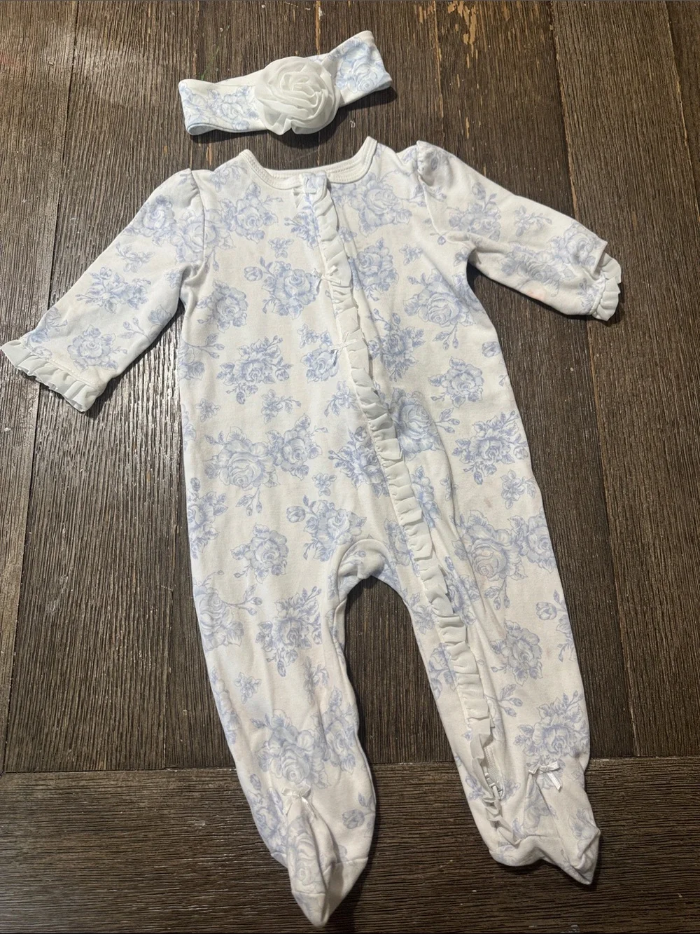 Little Me 9M Blue Floral Footed Sleeper with Matching Headband Set